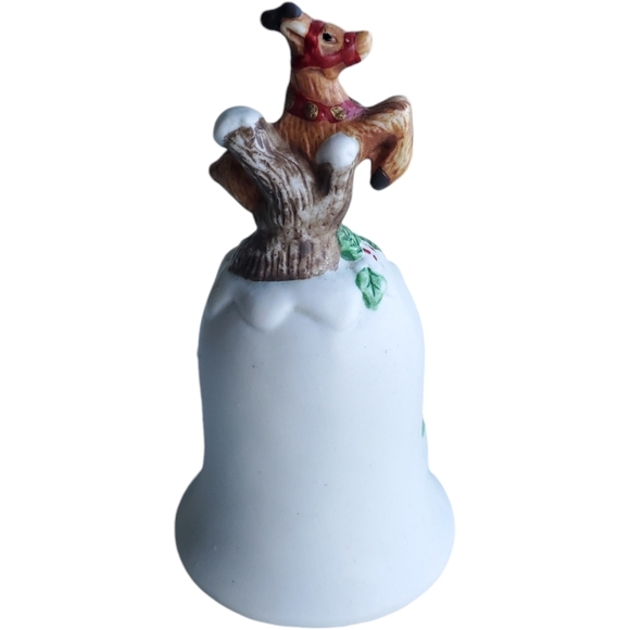 Vintage Christmas Bell With Reindeer And Snow Scene Porcelain Ceramic - Picture 2 of 5